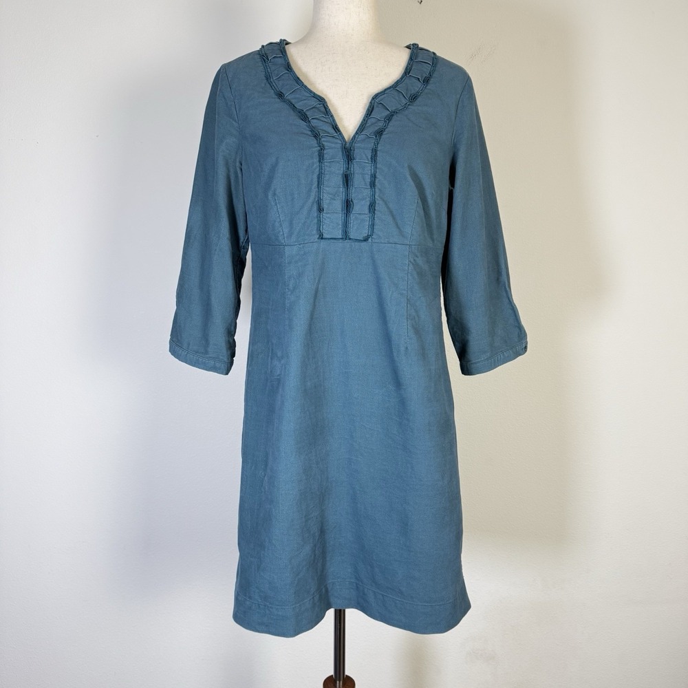 Boden 1/2 Sleeve‎ Mini Dress Size 8 Blue 100% Cotton Ruffle Neckline Detail